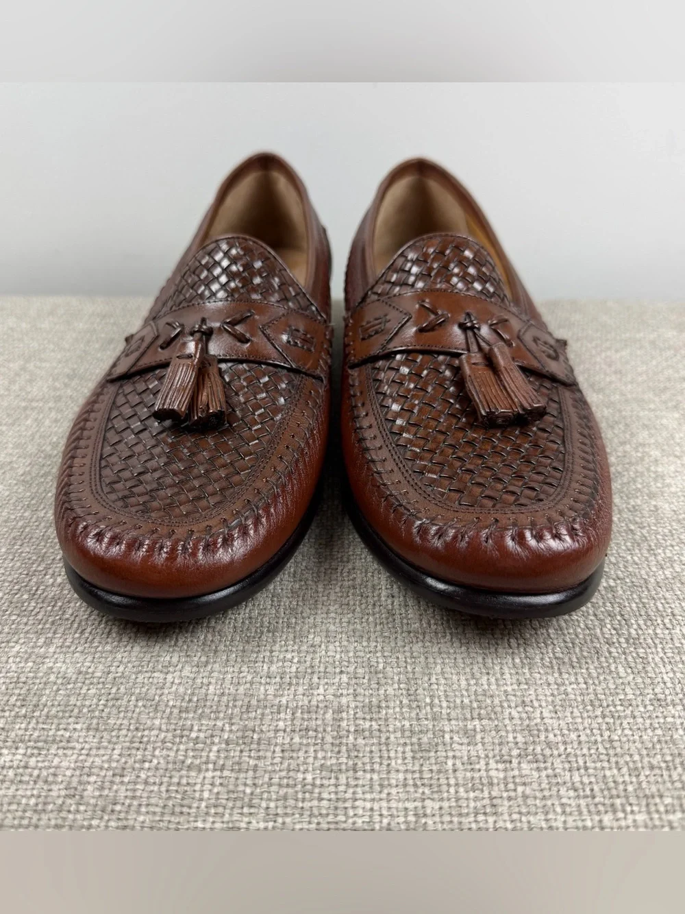 Brass Boot Men's 10 Brown Leather Woven Tassel Loafers Shoes Academia Preppy